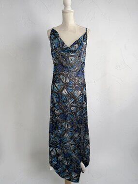 TOLUCA Butterfly Blue Sheer Maxi Gown Dress Size L NEW NWT